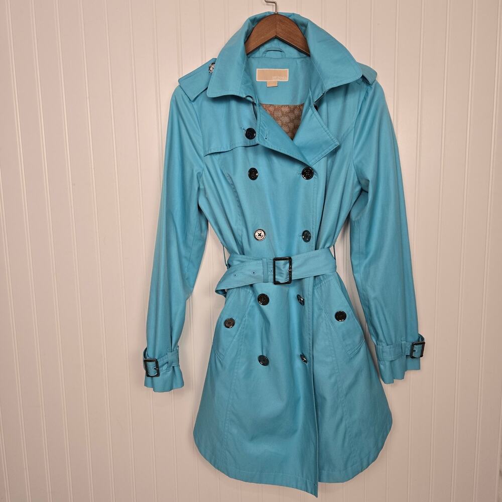 Women's Michael Kors Trench Coat Raincoat Turquoise Medium - Picture 2 of 16